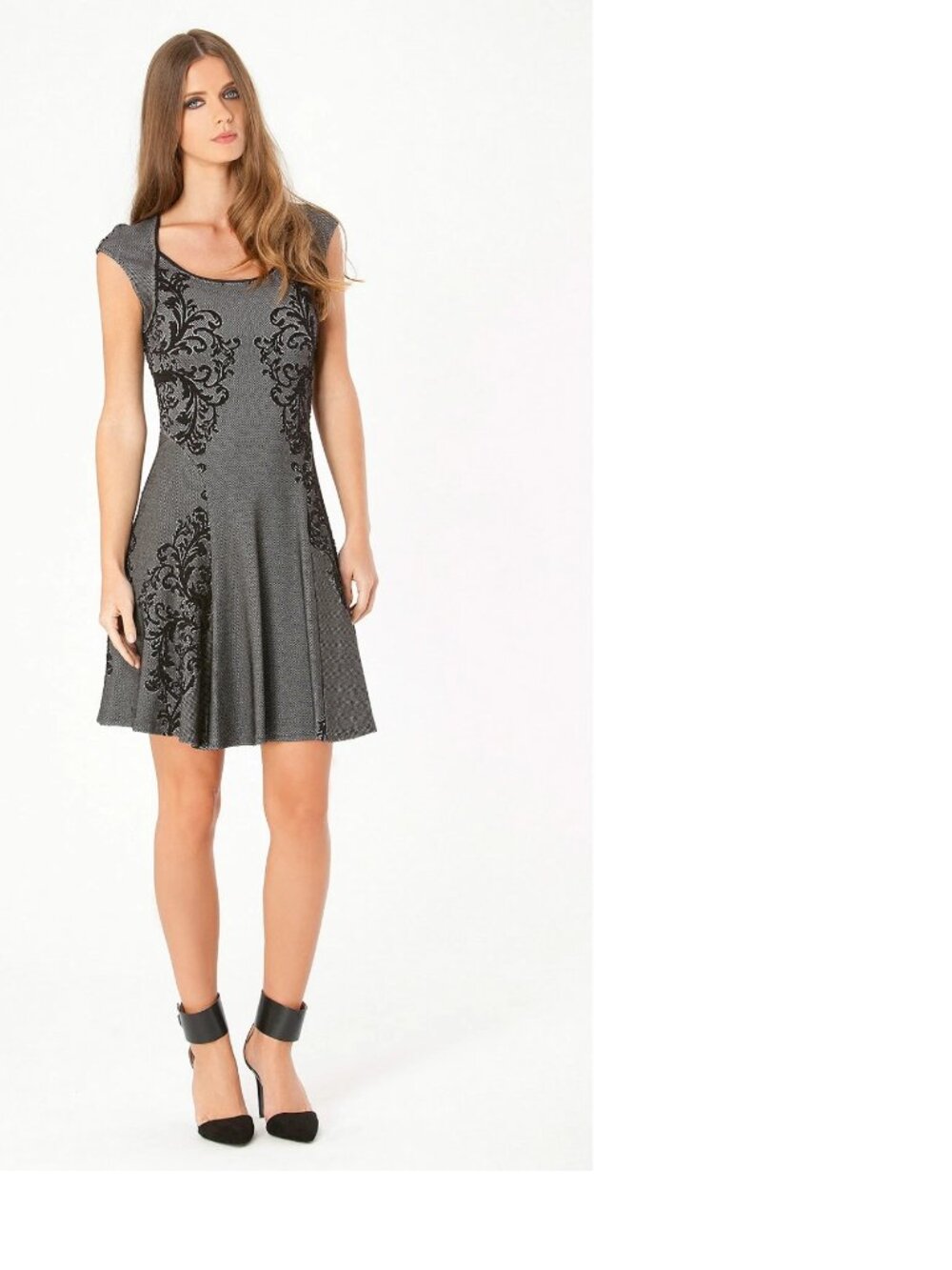 Hale Bob Size S Black Fit & Flare Dress Black Damask Accents